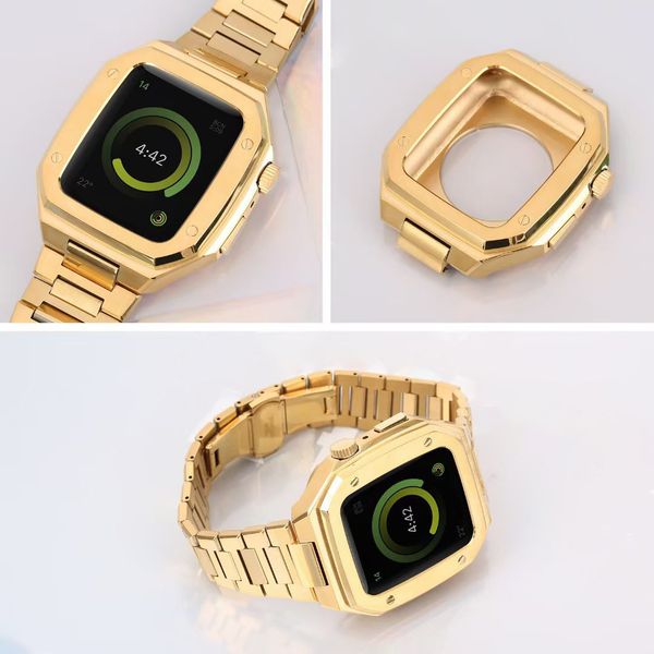 Boîtier de bracelet en acier inoxydable 2 en 1 pour Apple Watch Band Golden Modification 45mm 44mm 41mm Metal Mod Kit Set pour IWatch Series 7 6 SE 5 4 3 2 1