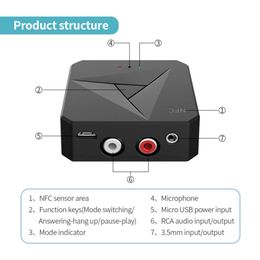 Émetteur 2-en-1 NFC 3.5AUX récepteur de haut-parleur de voiture RCA appel Bluetooth