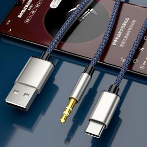 2-in-1 Type-C Autokabel 1 Split 2 Type C Naar USB A 3,5 mm AUX-snoer HiFi-geluidskwaliteit voor luidsprekers/hoofdtelefoonDrop
