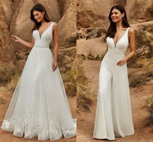 2 en 1 vestido de novia mono con falda desmontable dos piezas vestido de novia pantalones traje para mujer encaje tul cuello en V tren de barrido 2022 Robe De Mariage Vestidos