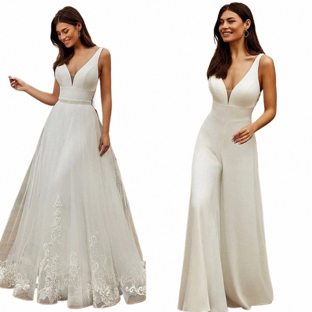 2 In 1 Wedding Jumpsuit With Detachable Skirt Two Pieces Bridal Dres Pants Suit For Women Lace Tulle V-Neck Sweep Train Gowns J1Sj#