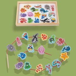 2-en-1 jouets de pêche en bois bébé bricolage dessin animé Animal cordage filetage perles jouets Monterssori éducatif pour enfants cadeaux 240130