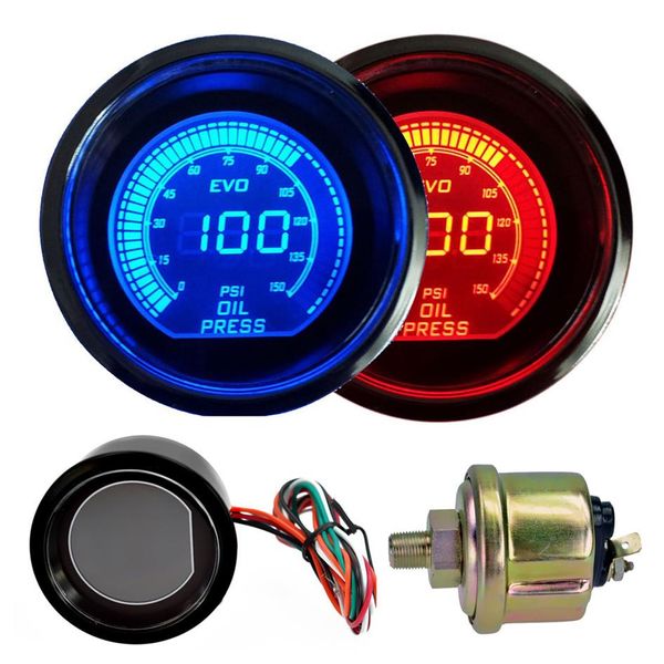 2 inch 52mm Oliedrukmeter 12V Blauw Rood LED Licht Tint Lens Lcd-scherm Auto Digitale Meter zwart Universal2645