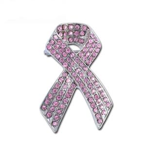 Broche à ruban de sensibilisation au cancer du sein, ton argent rhodié de 2 pouces, avec cristaux de strass rose vif