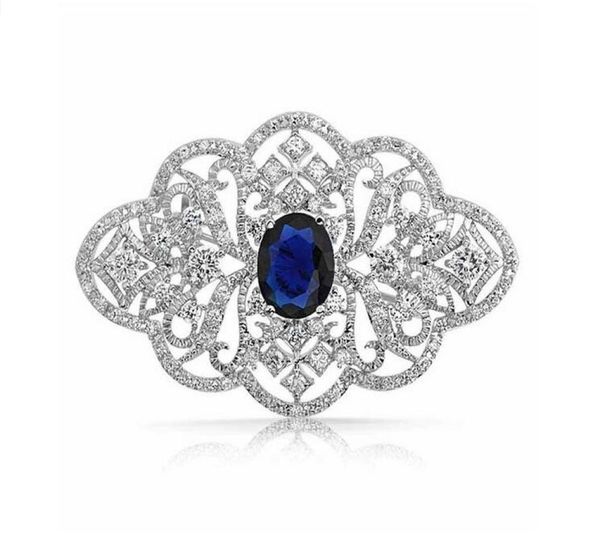 Broche de joyería de boda con diamantes de imitación transparentes de aspecto vintage de 2 pulgadas con piedra azul 5971667