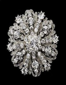 2 pouces style vintage Rhodium Silver Tone de grande taille Fleur Fleur Rignestone Diamante Crystal Broche pour les femmes1535823