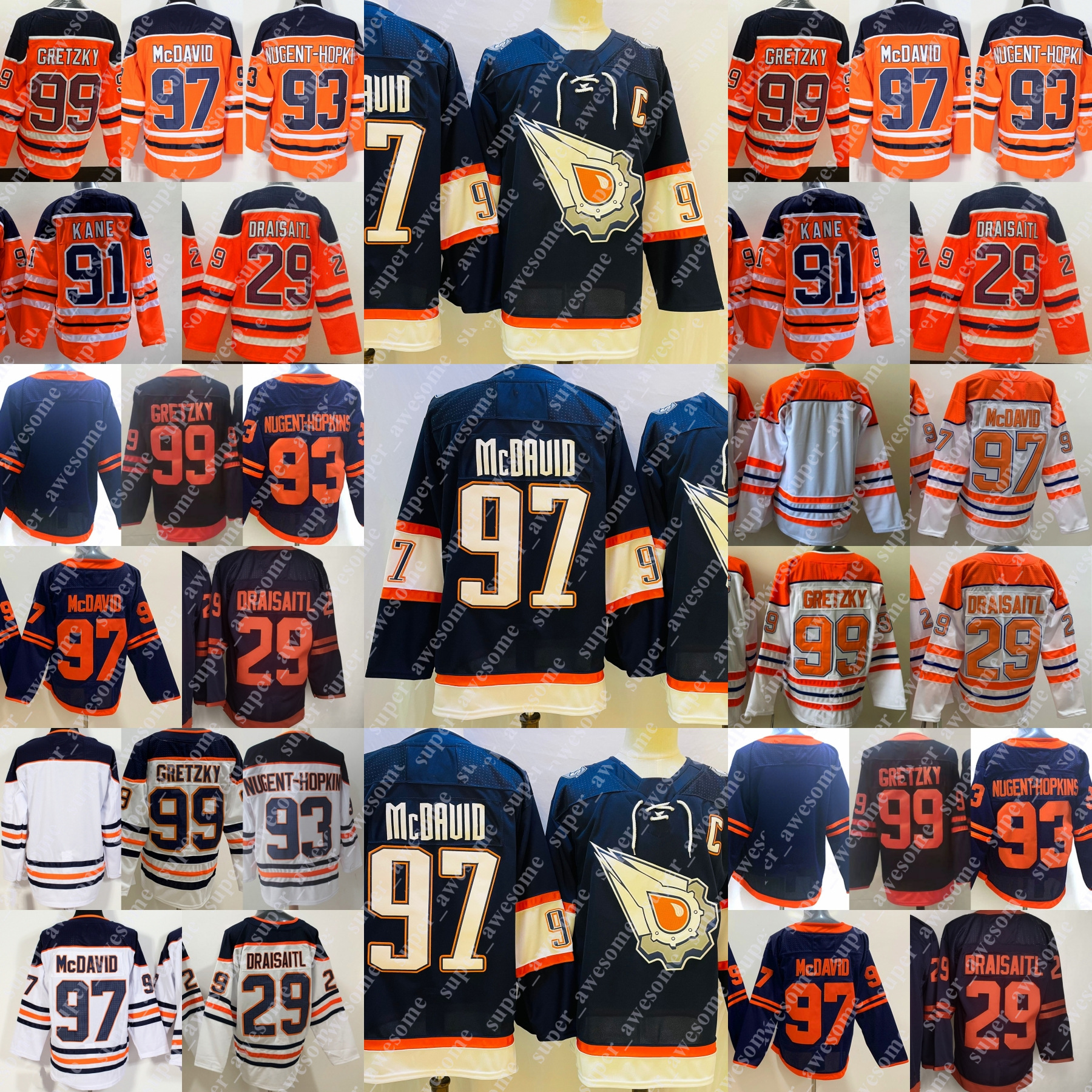 97 Connor McDavid tröja 99 Wayne Gretzky 29 Leon Draisaitl 93 Ryan Nugent-Hopkins 91 Evander Kane 36 Jack Campbell Hockeytröjor Orange Vit Marinblå Royal Stitched