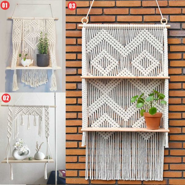 2 couches bohème fait à la main en bois mur gland flottant étagère macramé suspendu jardinière panier plante cintre Pot décor à la maison