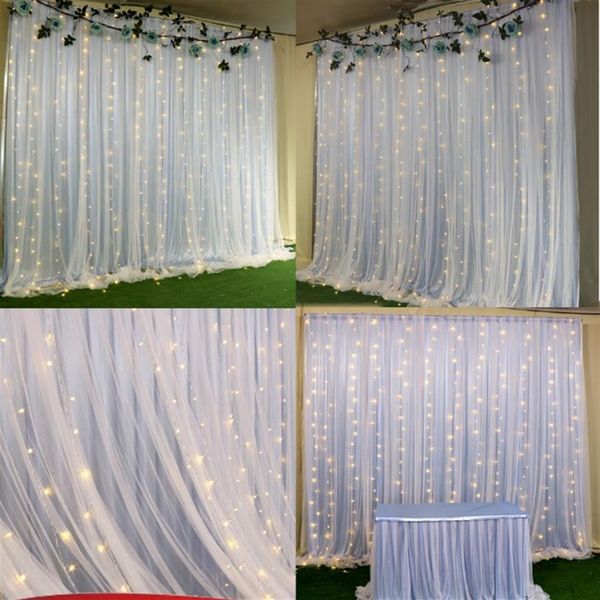 Rideaux de toile de fond de mariage colorés à 2 couches, avec lumières LED, arches de fête, décoration de fond de scène de mariage, drapé en soie deco208M