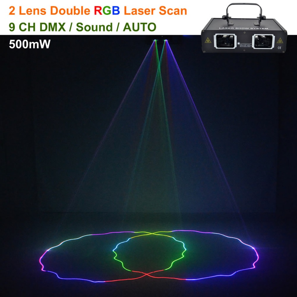 2 렌즈 스캔 빨강 녹색 파랑 RGB 빔 패턴 레이저 조명 DMX 9CH DJ 파티 바 휴일 웨딩 쇼 무대 조명 플래시