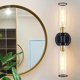 Luces de tocador de baño de 2 luces con pantallas de vidrio transparente y elegante latón cepillado dorado, lámpara de pared vintage de 21 3 pulgadas para dormitorio