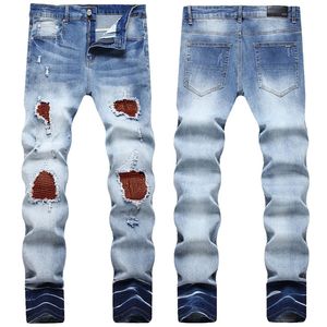 2 nuevos pantalones flacos del diseñador para hombre pantalones vaqueros ocasionales de los hombres de moda desgastados rasgados delgados de la motocicleta Moto Biker Denim Hip Hop pantalones # 302