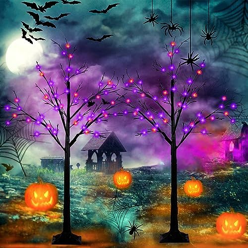 2-Pack 4FT Lighted Black Halloween Tree with 96 LED Orange amp Purple Lights Higher Size amp Floor Standing , Halloween Decorations Spo