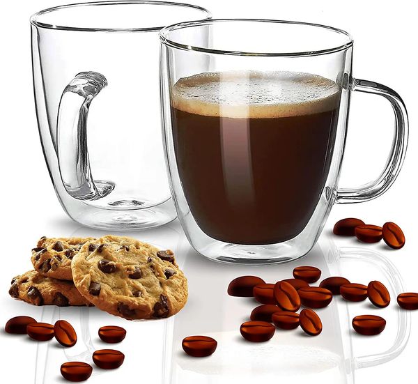 2 tasses à café en verre transparent en verre double tasse murale avec poignée pour thé à café latte cappuccino 231221