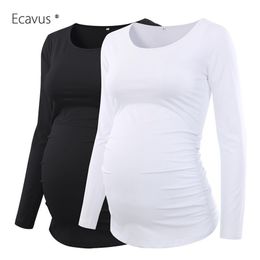 2 Pack Ahorre Mujeres Blusa de Maternidad Ropa de Embarazo Camisa de Manga Larga Lado Fruncido Casual Túnica Clásica Tops de Maternidad LJ201123