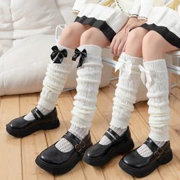 2 paar kinderen gestapelde sokken herfst winter gebreide beenwarmers voor meisjes mode balletstijl schattige strikken schoolkinderen kous 240129
