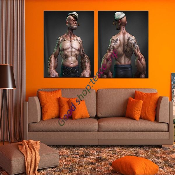 2 panneaux abstrait moderne la tige de fumer dans sa bouche Cool Popeye tatouage peinture sur toile sans cadre 273w