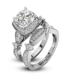 2 PCS Dazzling Unique Love Design 925 Sterling Silver White Sapphire Diamond Wedding Ring Tamaño de anillo de anillo 61059938222965773