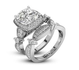 2 PCS DAZZLING UNIQUE LOVE DESIGN 925 STERLING Silver White Sapphire Diamond Wedding Engagement Ring Set 61059938228466300