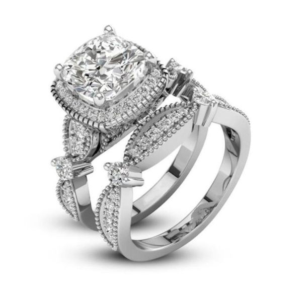 2 pièces éblouissantes Unique Design d'amour en argent Sterling 925 saphir blanc diamant bague de fiançailles de mariage ensemble taille 61059938224734571