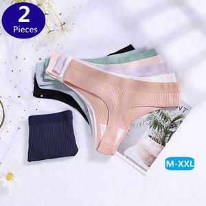 2 Pcs G-string Panties Cotton Women Sexy Underpants Ladies Ribbed Thong Solid Color Low Waist Bikini Briefs Underwear Plus Size L230626