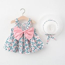 2 pcs filles robe d'été rond coul mignon dos à gros arc jupe en coton vient avec un chapeau pour les vêtements pour enfants 240325