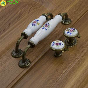 2 pcs Lard hardware ceramic handle European modern simple garden blue flower cabinet drawer 160 hole spacing