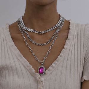 2 stks / partij Punk Multilayer Dikke Ketting Kettingen 2021 Vrouwelijke Eenvoudige Retro Paarse Gem Pendant Necklace