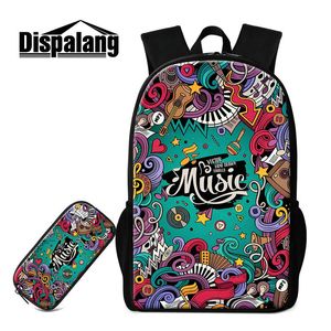 2 pièces/ensemble sac à dos sac d'école étui à crayons pour les élèves du primaire Unique motif de note de musique sacs à livres pour enfants 16 pouces grand sac à dos