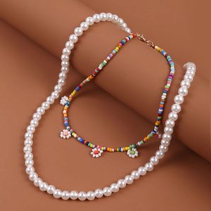 2 pièces/ensemble bohème fait à la main multicolore perlé fleur pendentifs colliers pour femmes mode blanc perle collier bijoux de fête