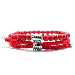 2 pièces ensemble à la main en pierre naturelle rouge corde Bracelet ensemble breloques en acier inoxydable hommes bracelets ensembles pour bracelet bijoux Homme230k