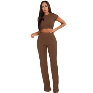 2 pc's Zet nieuwe mode vrouwen casual pak o nek crop top en lange broek set sexy herfst korte mouw tracksuit lj201126