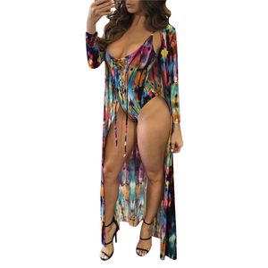 2 PCS Suit One Piece Swimsuit Cover Up 2019 Women Sexy Beach Cover-Ups Long Dress Printed Beach Cardigan Bathing Suit Cover Up