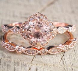 2 PCSSet Crystal Ring Sieraden Rose Gold Color Wedding Rings For Women Girls Gift Engagement Wedding Ring Set1148875