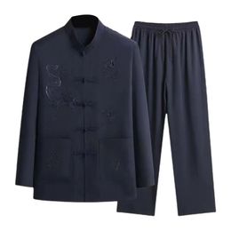 Ensemble chemise et pantalon pour hommes, costume Tang chinois, ample, taille élastique, jambes larges, pour père d'âge moyen, haut et pantalon, 2 pièces, 240307