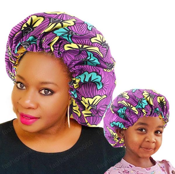 2 piezas set Mamá y yo Gorro de satén Gorro de dormir de doble capa ajustable Padres e hijos Turbante con estampado africano Cubierta para el cabello Sombrero para bebé6144343