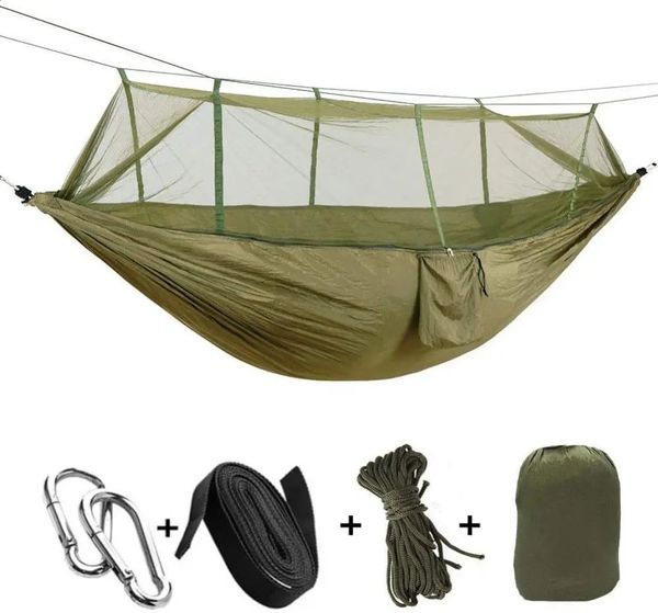 Hamac de jardin de Camping pour 2 personnes avec moustiquaire, mobilier d'extérieur, force du lit, tissu Parachute, balançoire de sommeil Portable suspendue 240119
