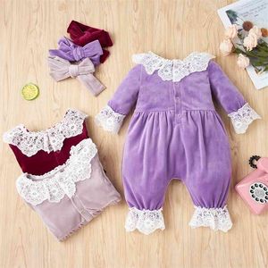 2 pièces Baby Pretty Fleece Lace Jumpsuit and Headband Set 210528