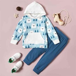 2-delige baby / peuter Bear Print Hooded Pullover en broek Set voor Kids Boy Clothing Sets 210528