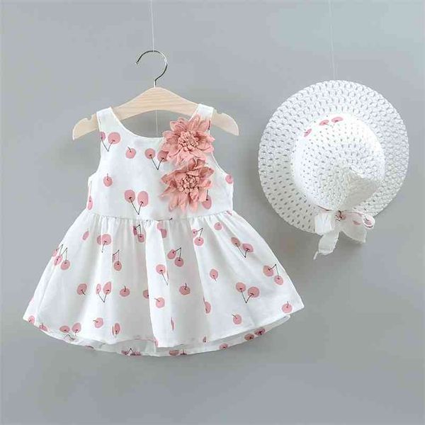 2 pièces bébé / enfant en bas âge fruit pomme cerise allover fleur applique robe et chapeau ensemble 210528