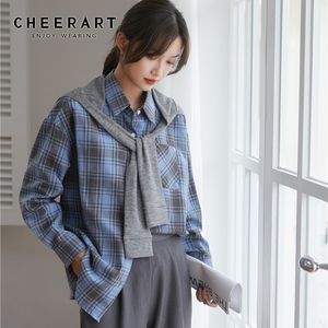 2 Pièce Bleu Buffalo Plaid À Manches Longues Chemise Femmes Bouton Up Col Casual Top Mode Coréenne Vêtements 210427