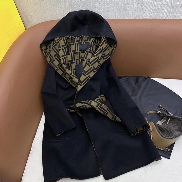 Fajas para mujer Abrigo de lana Diseñador Parka larga Interior Doble letra F Abrigo con capucha Elegante Chaqueta térmica para mujer Ropa de abrigo SML