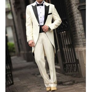 2 stuk mannen tail jas voor bruiloft met beige broek aangepaste man mode bruidegom smoking zwart piek revers kostuumjack x0909