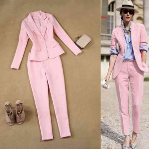 2 Piece of Women's 2021 Spring and Herfst New England Slim OL OL Temperament Simple Pink Suit Jacket + Pants Suit X0428