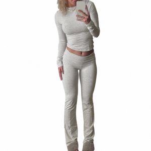 2-delige outfits dames LG mouw slanke crop top flare broek sport set slanke jogger tweedelig pak kleding lounge trainingspakken M40N #