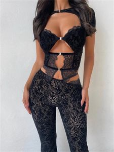 2 -delige pants sets Lace Hollow Zie door pure mesh zwarte sexy club outfits voor vrouwen skinny jurk 240402