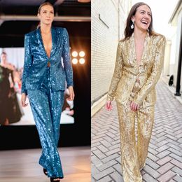 2-delige broekpak prom jurk pailletten blazer jasje dame optocht formele avond bruids speciale gelegenheid gala rode loper landingsbaan hoge taille broek jumpsuit romper goud