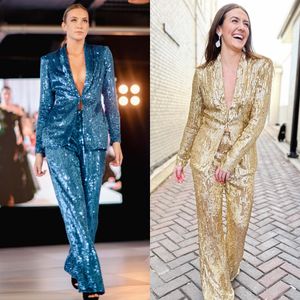 2-delig broekpak Schoolfeestjurk Pailletten Blazerjasje Dame Optocht Formele avonden Evenement Speciale gelegenheden Gala Rode loper Runway Hoge taille broek Jumpsuit Romper Goud