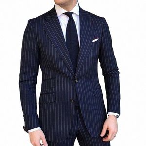 2 Stuk Krijtstreep Mannen Pak Slim Fit Voor Formele Bruiloft Tuxedo Notched Revers Marineblauw Gestreepte Busin Bruidegom Mannelijke Fi e0Az #