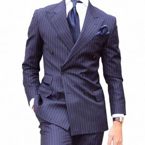 2 pièces Pinstripe Hommes Costumes Double Boutonnage Mariage Tuxedos Slim Fit Formel Busin Boyfriend Costume Mâle Ensemble Veste avec Pantalon q8Bb #